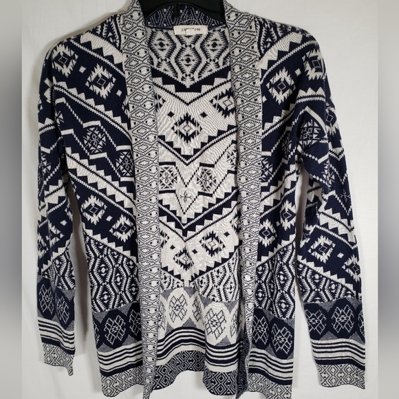 Pink Rose Navy and White Aztec Print Sweater Cardigan Sz S - Picture 3 of 8